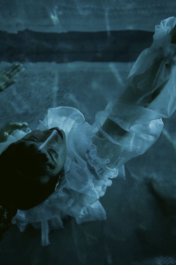 Auf dem Foto ist eine Performerin von oben zu sehen. Sie steht im Wasser und hat ihre Hand nach oben gestreckt. Dabei trägt sie ein weißes Tüllkleid und einen weißen Strich von der Stirn zum Kinn.