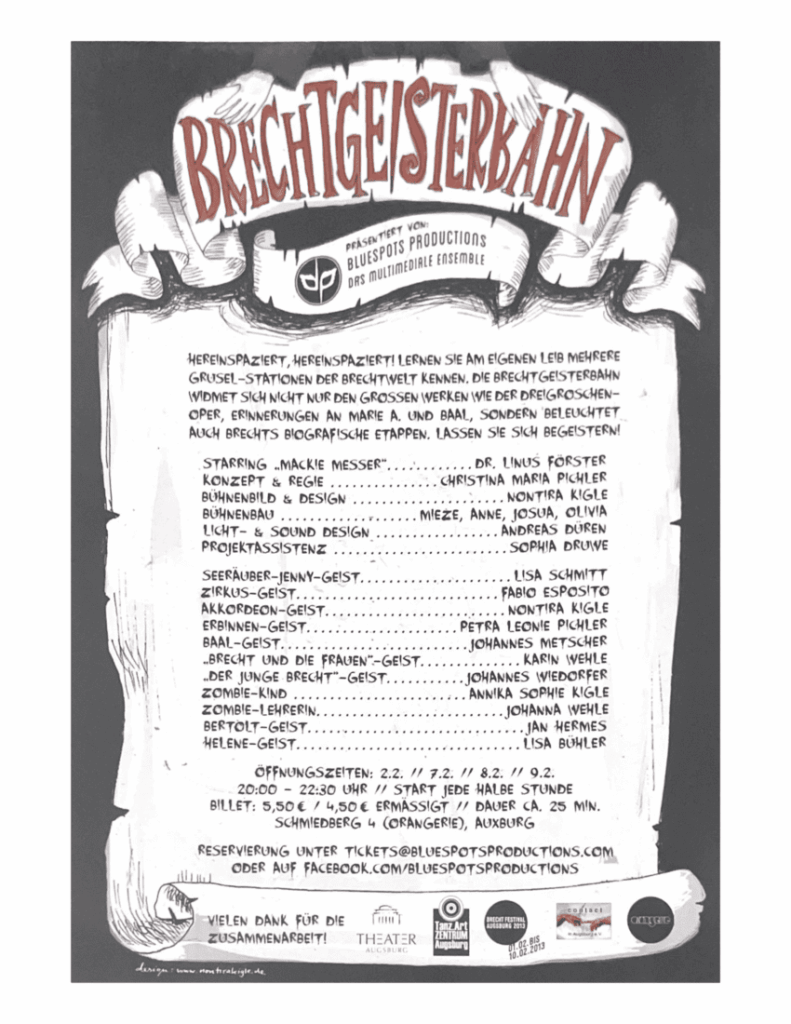 Auf dem Bild ist eine Illustration mit dem Schriftzug "BRECHTGEISTERBAHN". Darunter ist ein Inhaltstext und die aufgelisteten Beteiligten.
