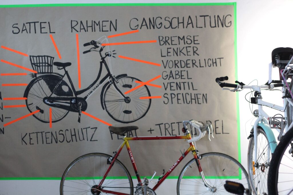 Auf dem Foto hängt hinter ein paar Fahrrädern ein handbemaltes Plakat auf dem ein Fahrrad mit verschiedenen Benennungen seiner Bestandteile abgebildet ist.